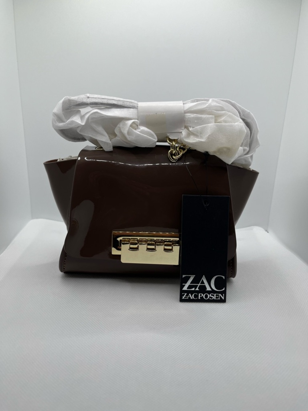 ZAC Zac Posen Dark Brown Patent Leather Mini Shoulder Bag with Gold Hardware